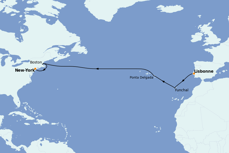 Itinéraire de la croisière Transatlantiques et Grands Voyages 2026 14 jours à bord du MSC Meraviglia