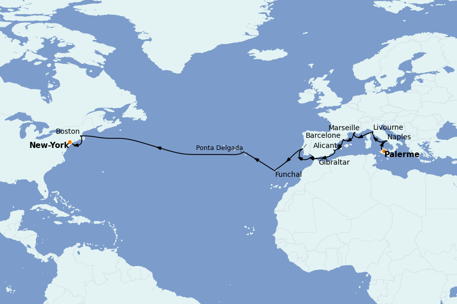 Itinéraire de la croisière TRANSATLANTIQUES ET GRANDS VOYAGES 23 jours à bord du MSC Meraviglia