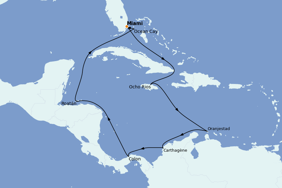 Itinéraire de la croisière Caraïbes de l'Ouest 11 jours à bord du MSC Divina