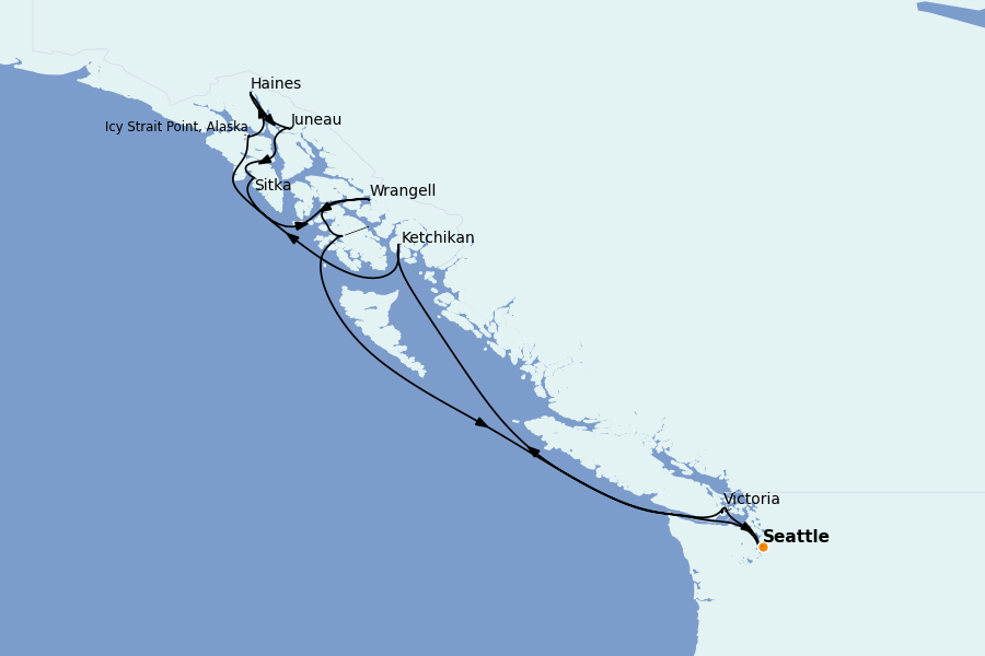 Itinéraire de la croisière Alaska, Canada et Glacières 12 jours à bord du Riviera