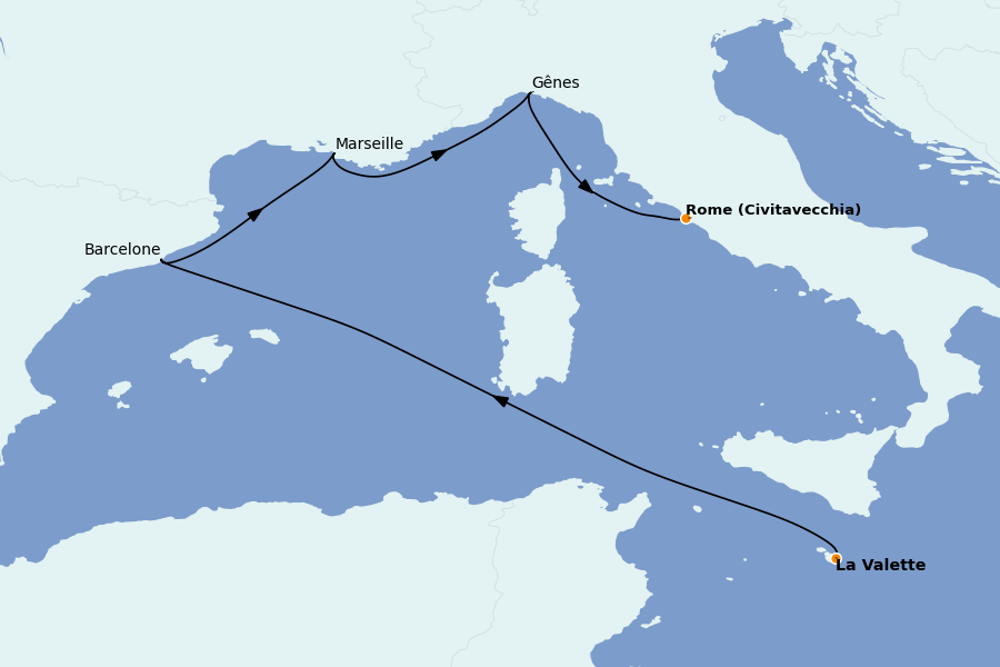 Itinéraire de la croisière Méditerranée Occidentale 5 jours à bord du MSC World Europa