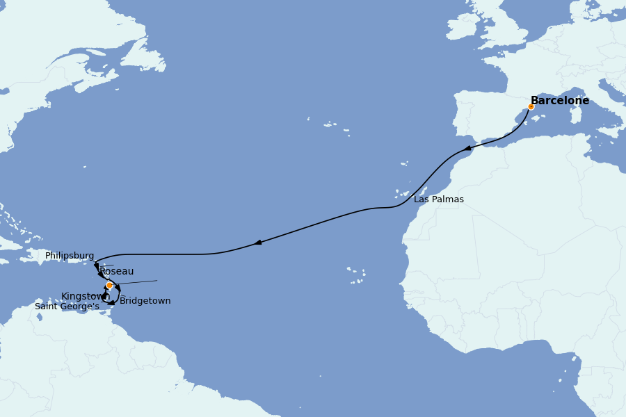 Itinéraire de la croisière TRANSATLANTIQUES ET GRANDS VOYAGES 17 jours à bord du MSC Seaview