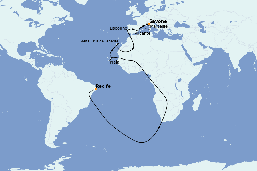 Itinéraire de la croisière Transatlantiques et Grands Voyages 2025 15 jours à bord du Costa Pacifica