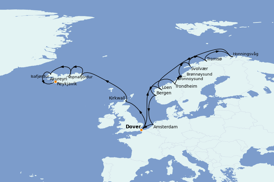 Itinéraire de la croisière Fjords Norvégiens et Scandinavie 21 jours à bord du Seabourn Ovation