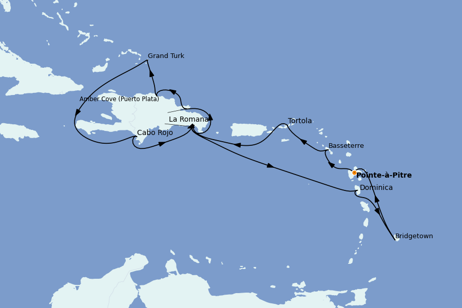 Itinéraire de la croisière Caraïbes de l'Est (Antilles) 14 jours à bord du Costa Pacifica