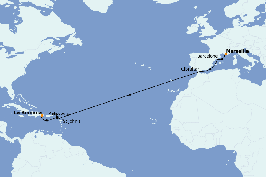 Itinéraire de la croisière TRANSATLANTIQUES ET GRANDS VOYAGES 15 jours à bord du MSC Opera