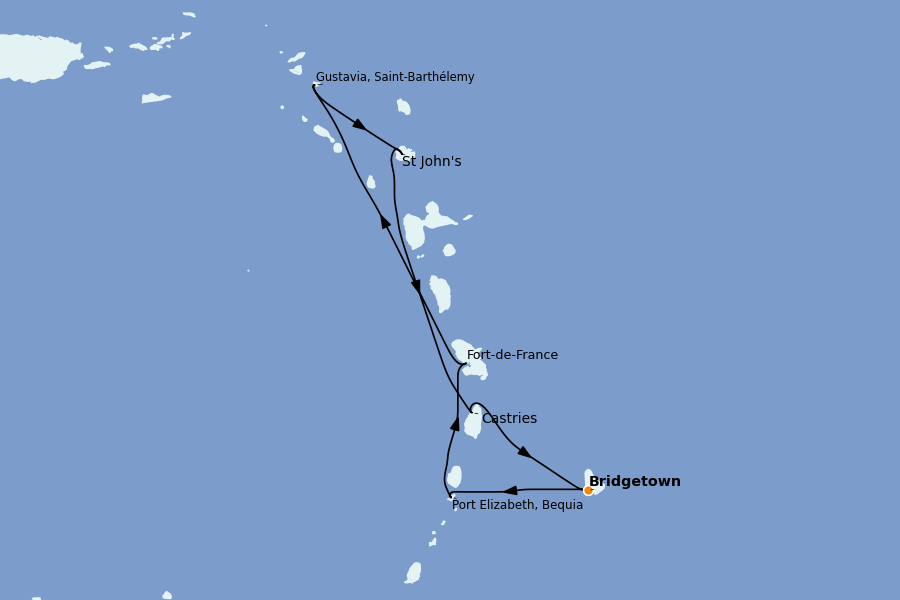 Itinéraire de la croisière Caraïbes de l'Est 7 jours à bord du Silver Spirit