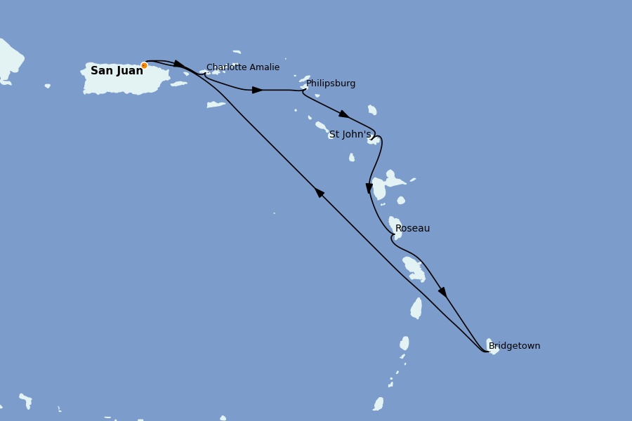 Itinéraire de la croisière Caraïbes de l'Est 7 jours à bord du Grand Princess
