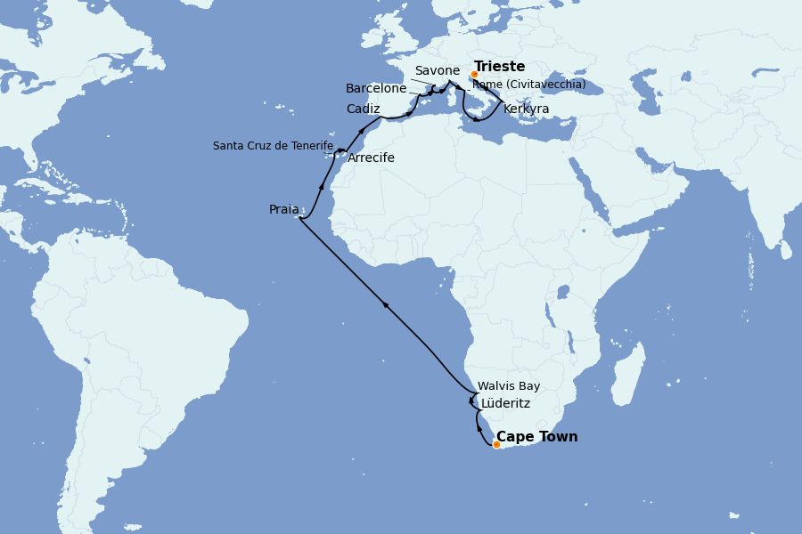 Itinéraire de la croisière Tour du Monde 2025 27 jours à bord du Costa Deliziosa