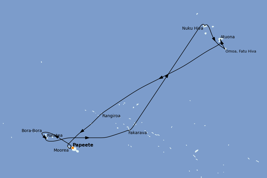 Itinéraire de la croisière Tahiti, Bora Bora, Cook Islands, Nouvelle-Calédonie, Fidji, Vanuatu, Samoa, Salomon 14 jours à bord du Silver Whisper