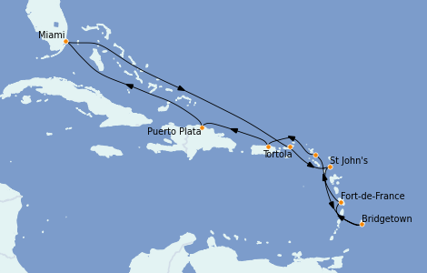 Itinéraire de la croisière Caraïbes de l'Est 11 jours à bord du Insignia