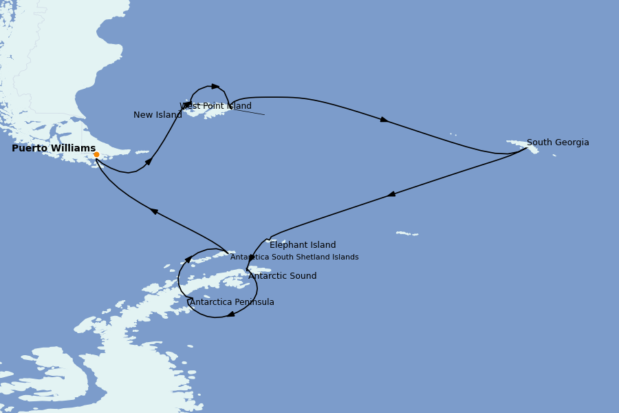 Itinéraire de la croisière Chili et Fjords Chiliens 18 jours à bord du Silver Cloud Expedition