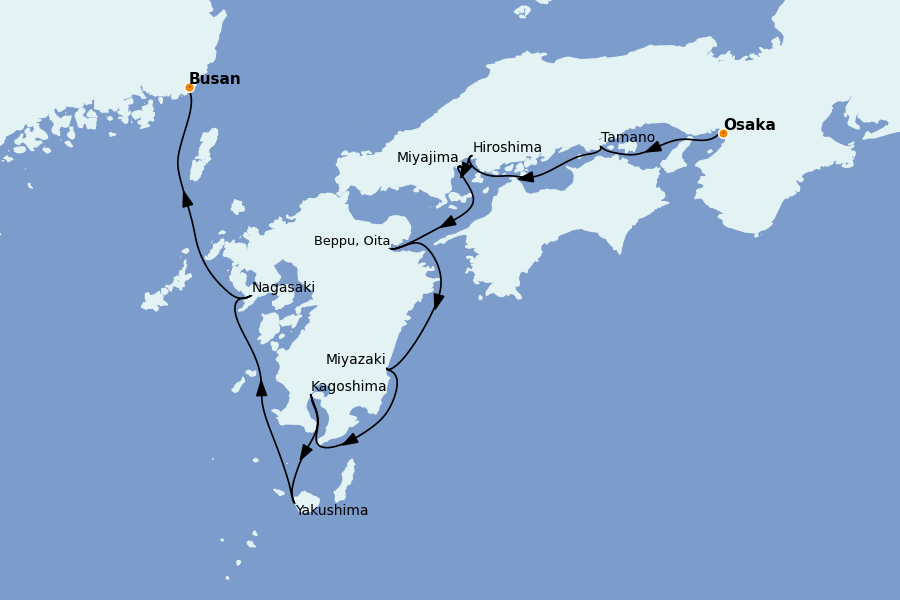 Itinéraire de la croisière Chine, Japon, Hong Kong, Taïwan, Corée du Sud 8 jours à bord du Le Soléal