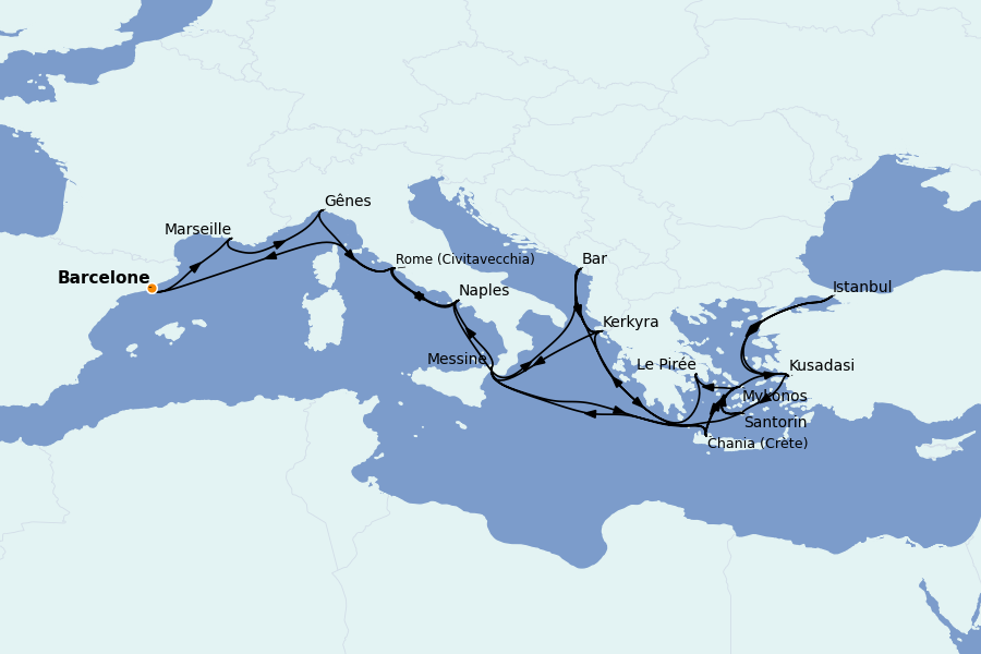 Itinéraire de la croisière Méditerranée Occidentale 32 jours à bord du Sun Princess