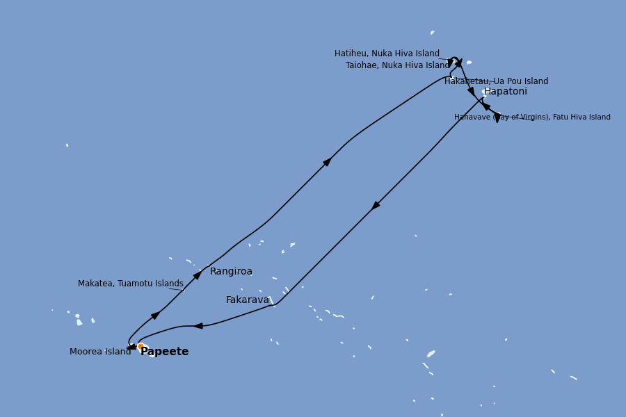 Itinéraire de la croisière Tahiti, Bora Bora, Cook Islands, Nouvelle-Calédonie, Fidji, Vanuatu, Samoa, Salomon 14 jours à bord du Le Jacques Cartier