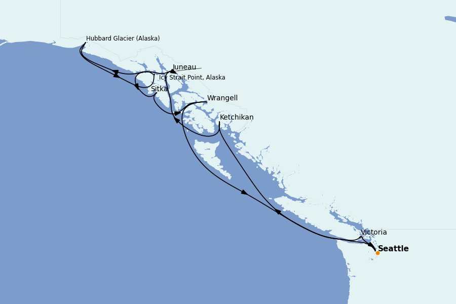Itinéraire de la croisière Alaska, Canada et Glacières 11 jours à bord du Queen Elizabeth
