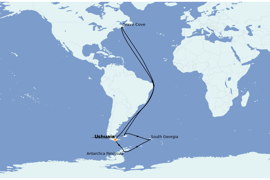 Itinéraire de la croisière SUD : Antarctique, Ushuaia , Patagonie, Terre de Feu, Cap horn 17 jours à bord du Le Lyrial