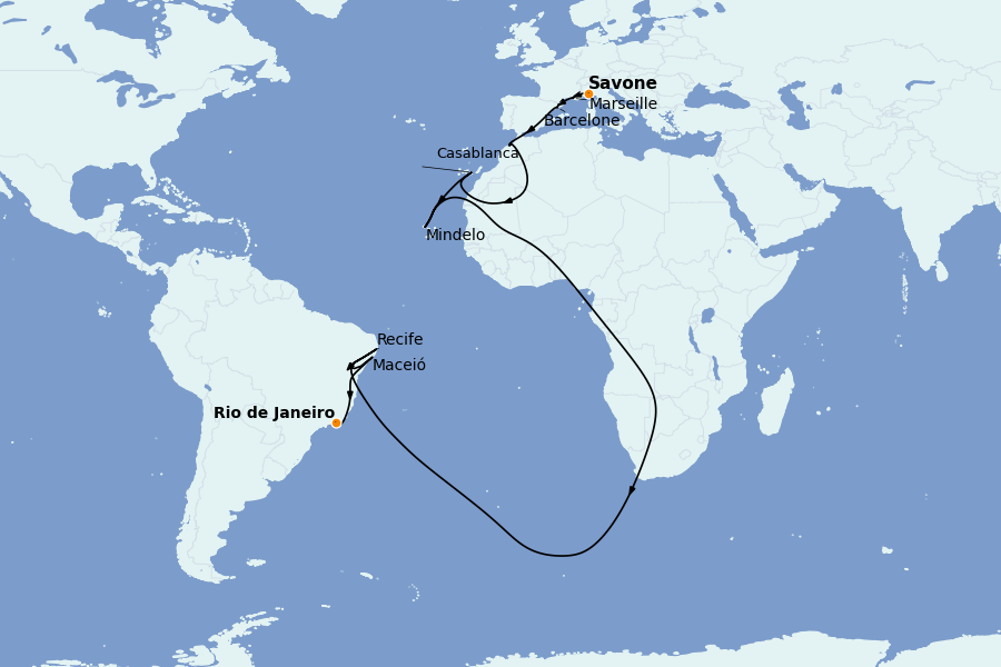 Itinéraire de la croisière Tour du Monde 2024 18 jours à bord du Costa Deliziosa