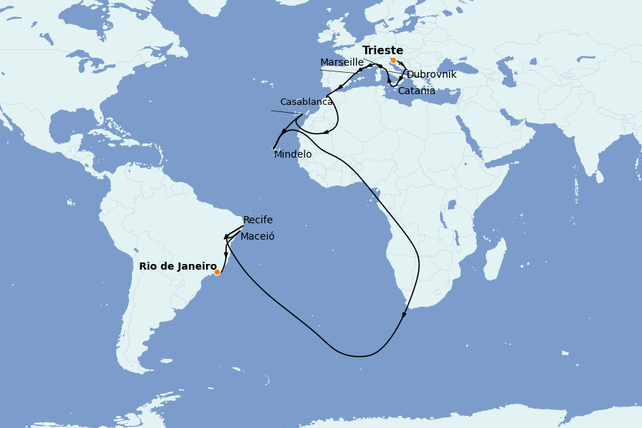 Itinéraire de la croisière Tour du Monde 2024 23 jours à bord du Costa Deliziosa