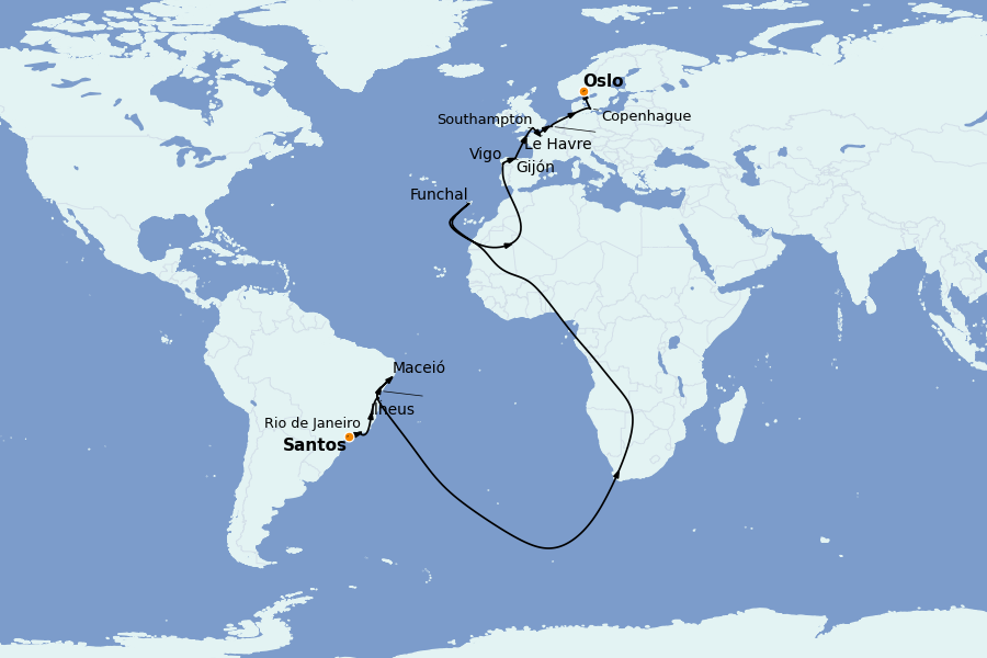 Itinéraire de la croisière TRANSATLANTIQUES ET GRANDS VOYAGES 22 jours à bord du MSC Preziosa