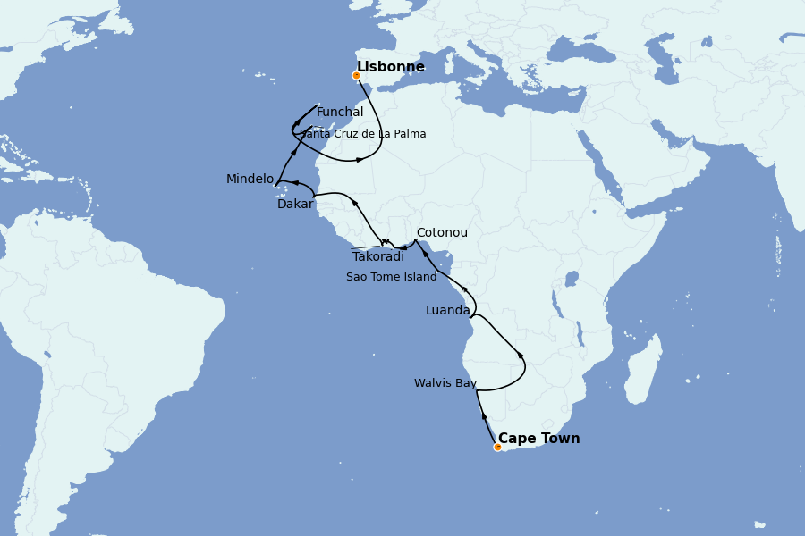 Itinéraire de la croisière Le Cap (Afrique du Sud), Côte Africaine 23 jours à bord du Seven Seas Mariner
