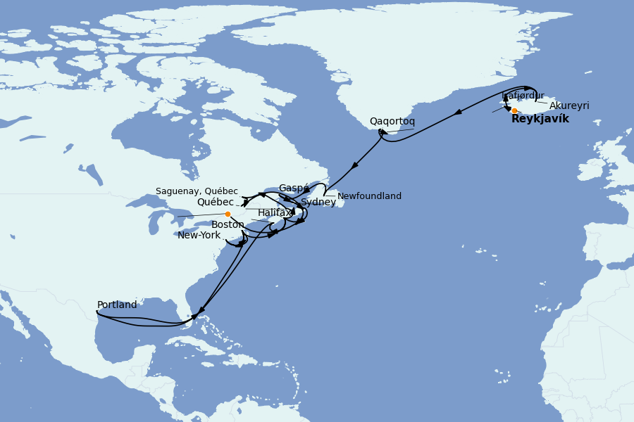 Itinéraire de la croisière Spitzberg, îles Féroé, Groenland, Islande 34 jours à bord du Seabourn Ovation