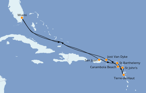 Itinéraire de la croisière Caraïbes de l'Est 11 jours à bord du Seabourn Sojourn