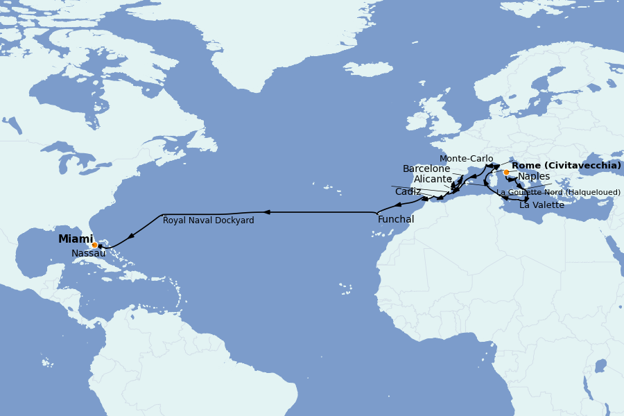 Itinéraire de la croisière Caraïbes de l'Est (Antilles) 30 jours à bord du Seven Seas Grandeur