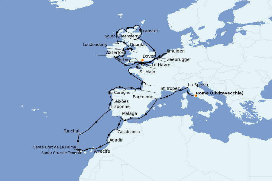 Itinéraire de la croisière Méditerranée Occidentale 45 jours à bord du Marina