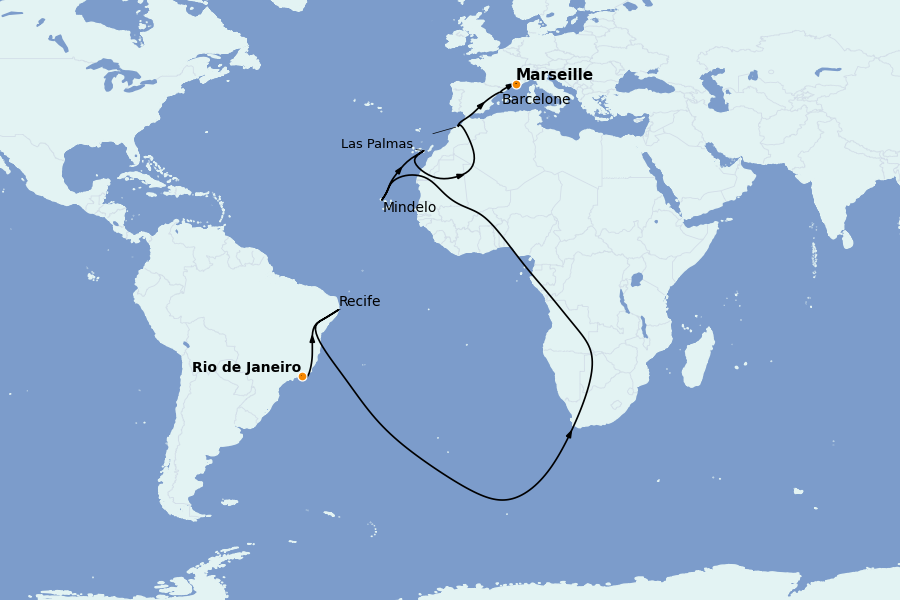 Itinéraire de la croisière Transatlantiques et Grands Voyages 2025 16 jours à bord du Costa Favolosa