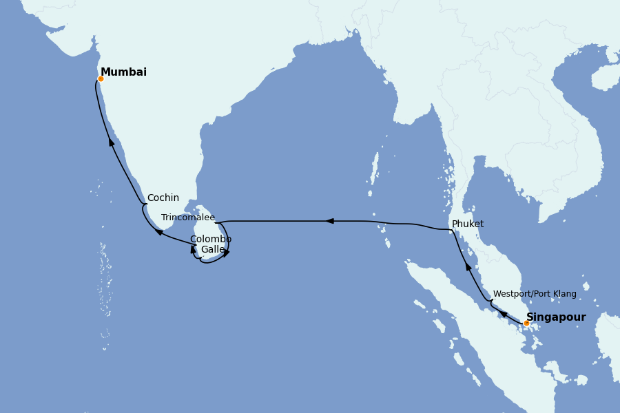 Itinéraire de la croisière Inde 17 jours à bord du Silver Dawn