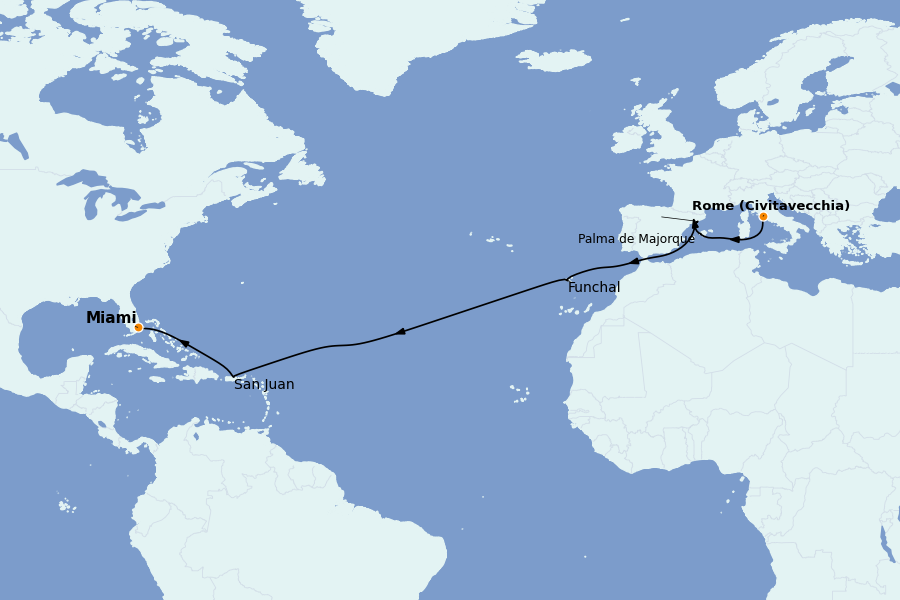 Itinéraire de la croisière TRANSATLANTIQUES ET GRANDS VOYAGES 16 jours à bord du MSC Grandiosa