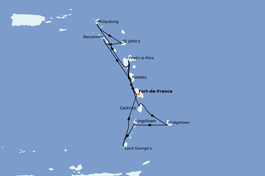 Itinéraire de la croisière Caraïbes de l'Est (Antilles) 14 jours à bord du MSC Seaview