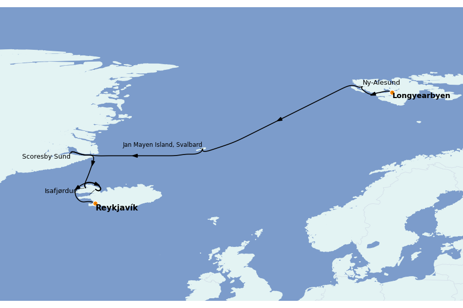 Itinéraire de la croisière Spitzberg, îles Féroé, Groenland, Islande 13 jours à bord du Le Lyrial