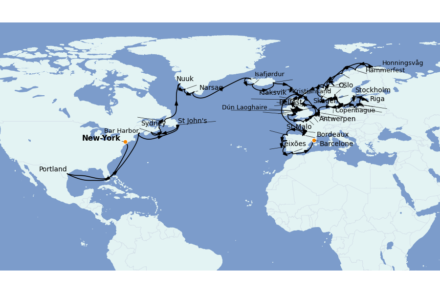 Itinéraire de la croisière Méditerranée Occidentale 83 jours à bord du Seven Seas Mariner