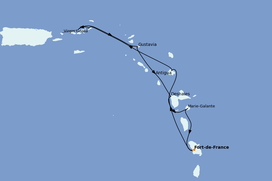 Itinéraire de la croisière Caraïbes de l'Est (Antilles) 7 jours à bord du Le Bougainville