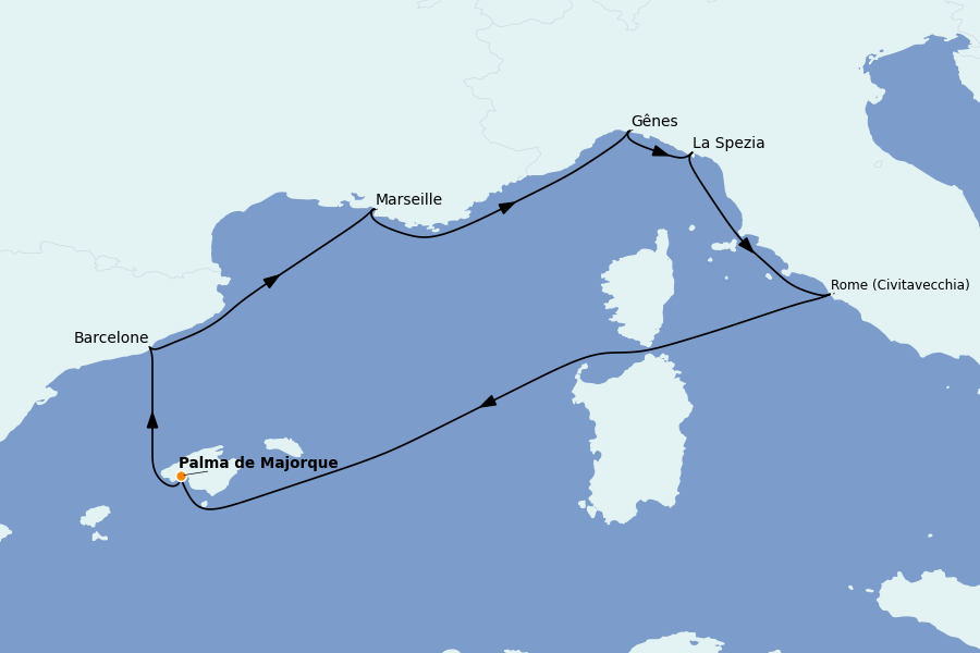 Itinéraire de la croisière Méditerranée Occidentale 7 jours à bord du MSC World Europa