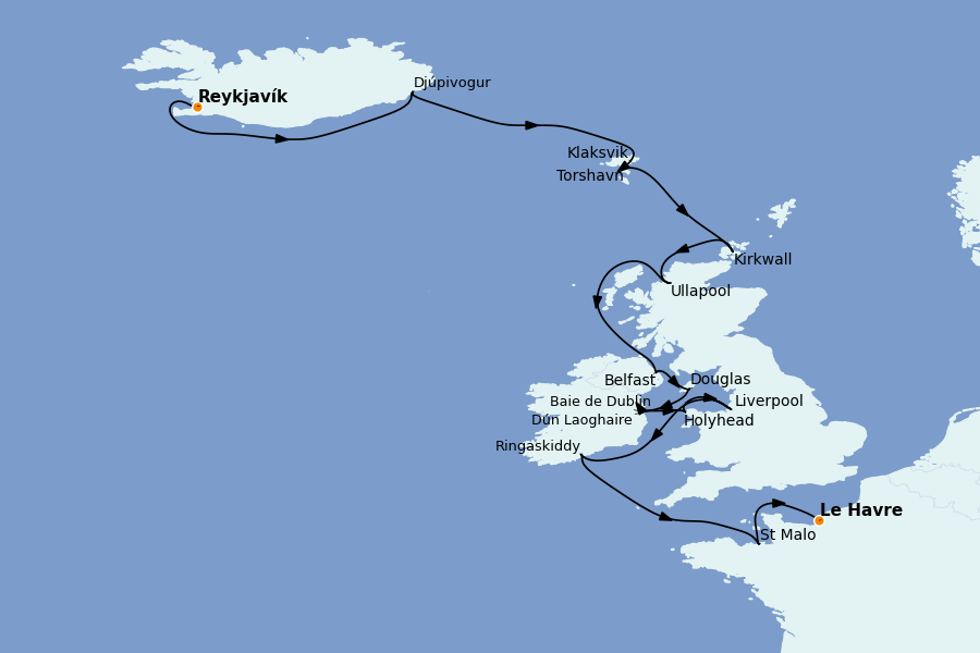 Itinéraire de la croisière Îles Britanniques 15 jours à bord du Seven Seas Mariner