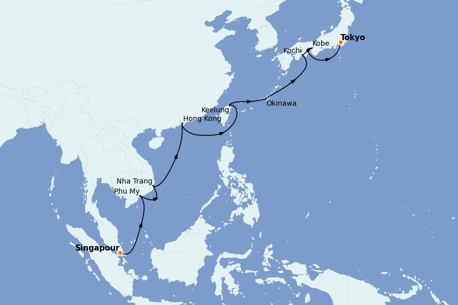 Itinéraire de la croisière Chine, Japon, Hong Kong, Taïwan, Corée du Sud 16 jours à bord du Riviera