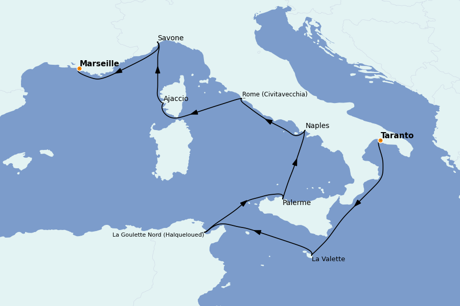 Itinéraire de la croisière Méditerranée 8 jours à bord du Costa Fascinosa