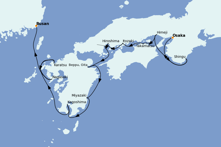 Itinéraire de la croisière Chine, Japon, Hong Kong, Taïwan, Corée du Sud 12 jours à bord du Le Soléal