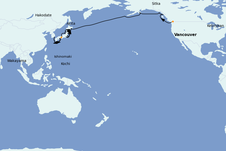 Itinéraire de la croisière Alaska, Canada et Glacières 34 jours à bord du Seabourn Quest