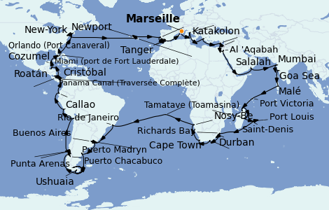Itinéraire de la croisière Tour du Monde 2023 114 jours à bord du Costa Deliziosa