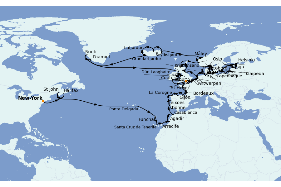 Itinéraire de la croisière Méditerranée Occidentale 92 jours à bord du Seven Seas Mariner