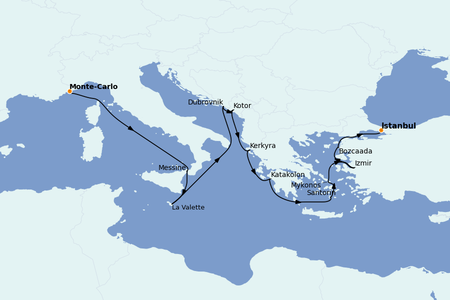 Itinerario del crucero Mediterráneo Occidental 14 días a bordo del Regatta