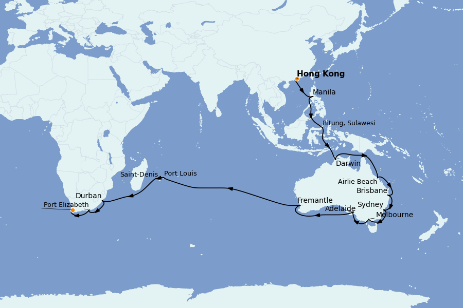 Itinerario del crucero OCÉANO ÍNDICO - ÁFRICA 44 días a bordo del Queen Anne