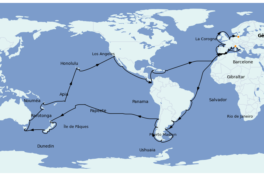 Itinéraire de la croisière TOUR DU MONDE 132 jours à bord du MSC Magnifica