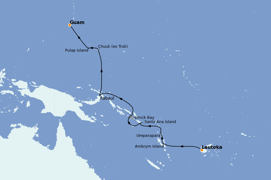 Itinéraire de la croisière Tahiti, Bora Bora, Cook Islands, Nouvelle-Calédonie, Fidji, Vanuatu, Samoa, Salomon 15 jours à bord du Le Soléal