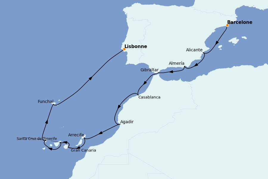 Itinéraire de la croisière Méditerranée Occidentale 12 jours à bord du Sirena