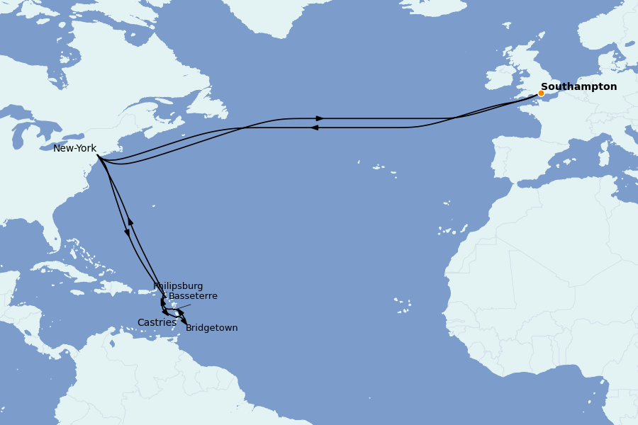 Itinéraire de la croisière Caraïbes de l'Est (Antilles) 28 jours à bord du Queen Mary 2